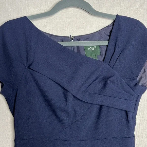 J.Crew Asymmetrical Neck Line Wool Cap Sleeves Dress Size 4 Navy Blue - Picture 3 of 8